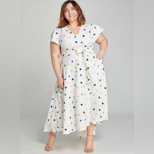 Lane Bryant Off white colorful polka dots high low belted dress sz 20